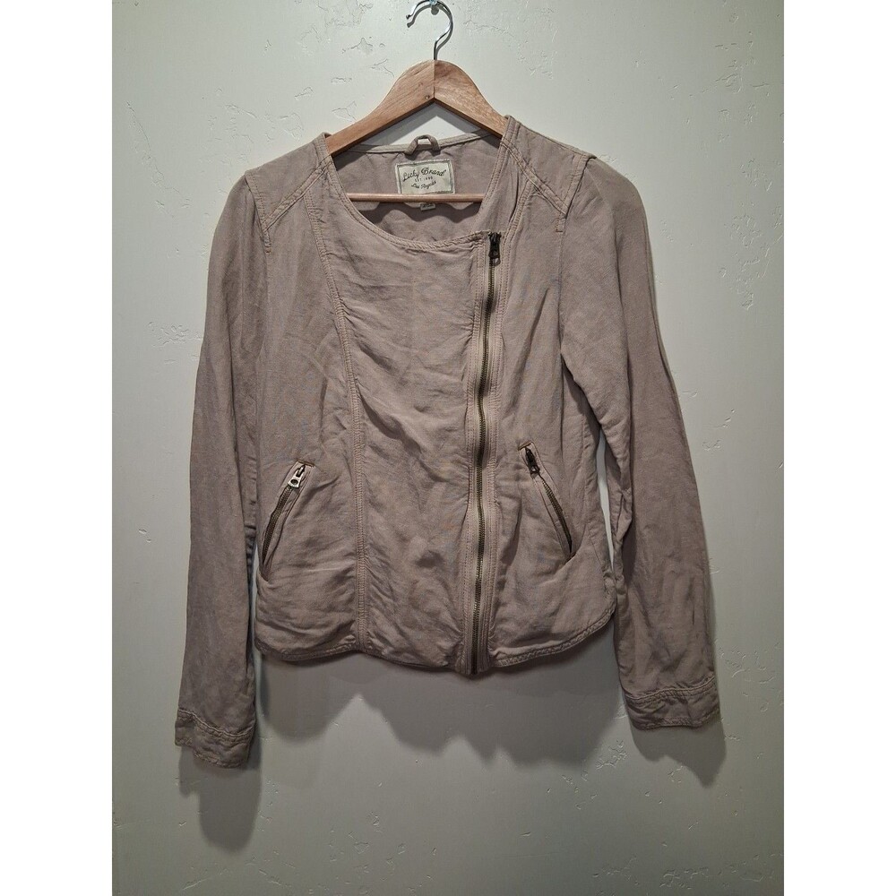 Lucky Brand Jacket Womens Small Tan Zip Front Linen Moto Casual‎ Offset Zipper